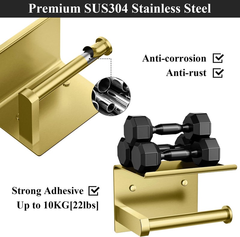 Tindbea Toilet Paper Holder with Phone Shelf, Adhesive or Screw Wall Mount Toilet Tissue Roll Holder, Rustproof & Multifunctional Stainless Steel Bathroom Storage Dispenser (Brushed Gold) - Image 4